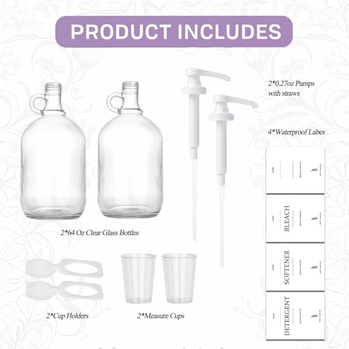 onsogi 2 Pcs Glass Liquid Laundry Detergent Dispenser with Cup Holders, Half Gallon Dispenser for Laundry Room (64 oz. Each), Laundry Detergent Bottles with Pump Dispenser -Includes Labels, Measuring Cups - Image 3