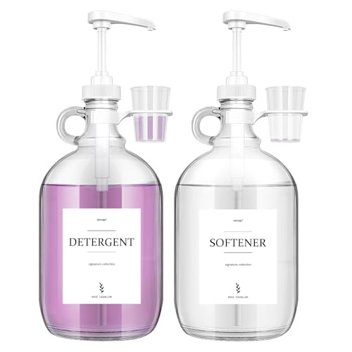 onsogi 2 Pcs Glass Liquid Laundry Detergent Dispenser with Cup Holders, Half Gallon Dispenser for Laundry Room (64 oz. Each), Laundry Detergent Bottles with Pump Dispenser -Includes Labels, Measuring Cups - Image 1
