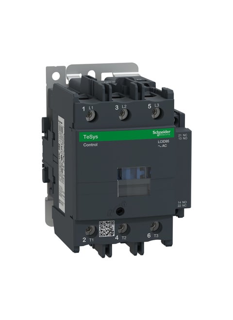 LC1D95M7 IEC contactor, TeSys Deca, nonreversing, 95A, 60HP at 480VAC, 3 phase, 3 pole, 3 NO, 220VAC 50/60Hz coil, open style