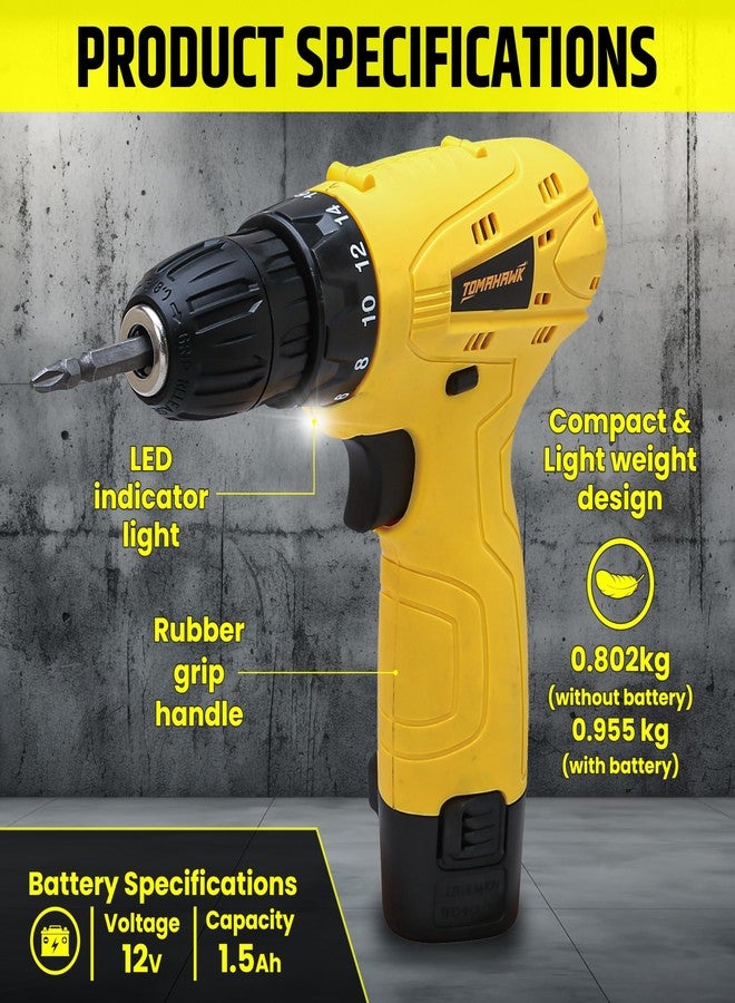 Tomahawk T7550-S 12V Cordless Drill/Screwdriver Kit | 10mm Keyless Chuck, 1-Speed 600 RPM, 2 x 1.5Ah Batteries | LED Light, 24Nm Torque, 18+1 Settings | DIY, Home, Wood & Metal Drilling Kit - Image 4
