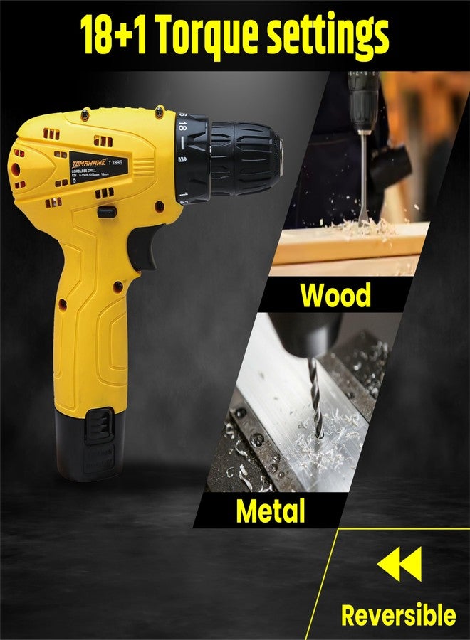 Tomahawk T7550-S 12V Cordless Drill/Screwdriver Kit | 10mm Keyless Chuck, 1-Speed 600 RPM, 2 x 1.5Ah Batteries | LED Light, 24Nm Torque, 18+1 Settings | DIY, Home, Wood & Metal Drilling Kit - Image 3