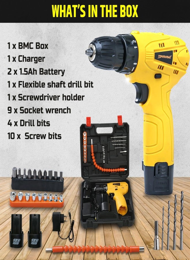 Tomahawk T7550-S 12V Cordless Drill/Screwdriver Kit | 10mm Keyless Chuck, 1-Speed 600 RPM, 2 x 1.5Ah Batteries | LED Light, 24Nm Torque, 18+1 Settings | DIY, Home, Wood & Metal Drilling Kit - Image 5