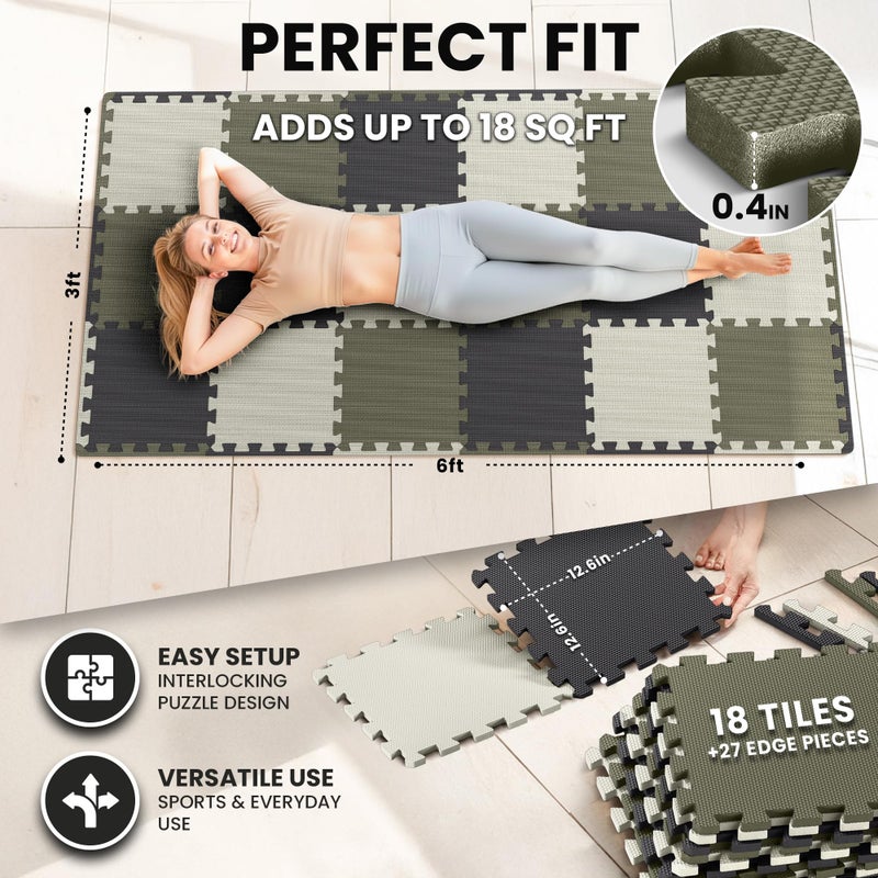 bemaxx Gym Mats Set - 18 pcs EVA Interlocking Foam Floor Tiles (12.6"x12.6"x0.4") 18sqft Protective Gym Flooring Sports Home Workout Exercise Mats Puzzle Garage Fitness Play-Room Pool Treadmill Bike - Image 2