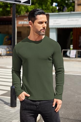 COOFANDY Thermal Underwear for Men Long Sleeve Shirts Casual Lightweight Sweatshirt Knit Sweater Slim Fit Base Layer Basic T-Shirt Army Green - Image 3
