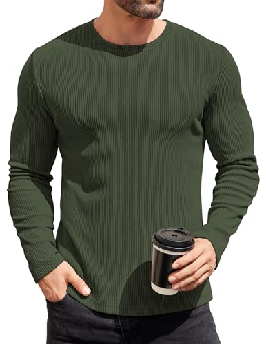 COOFANDY Thermal Underwear for Men Long Sleeve Shirts Casual Lightweight Sweatshirt Knit Sweater Slim Fit Base Layer Basic T-Shirt Army Green - Image 1