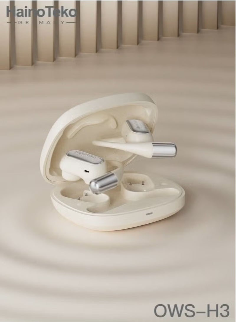 Haino Teko HT-OWSH3 OpenFit Bluetooth Earphones | Superior Sound Quality | Crystal-Clear Microphone | Touch Controls | Comfortable & Secure Fit | Wireless Earbuds for Music, Calls & Gaming (White) - Image 3