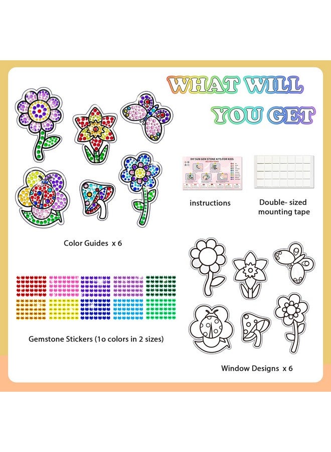 atydkug atydkug Window Suncatcher Gemstone Sticker Craft Kits for Kids - Diamond 6 Sheets Flowers Gem Art Painting Kits by Numbers for Girl, Birthday Party Supplies Gifts for 6 7 8 9 10 11 12 Year Old  - Image 2