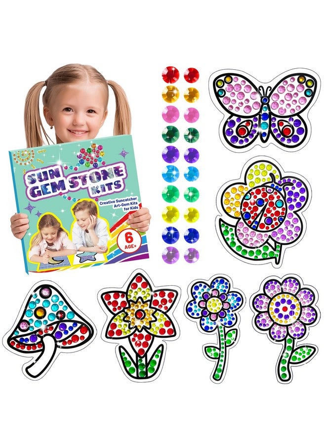 atydkug atydkug Window Suncatcher Gemstone Sticker Craft Kits for Kids - Diamond 6 Sheets Flowers Gem Art Painting Kits by Numbers for Girl, Birthday Party Supplies Gifts for 6 7 8 9 10 11 12 Year Old  - Image 1