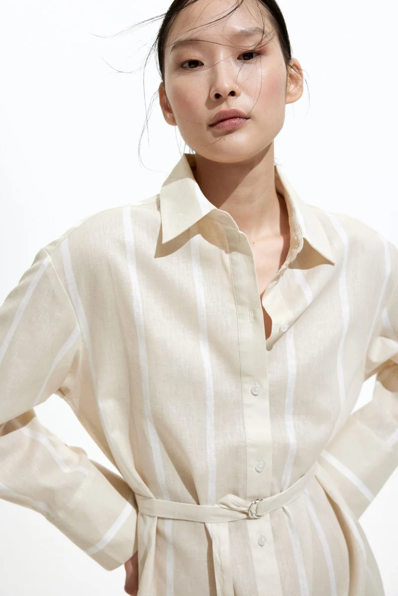 اتش اند ام فستان بتصميم قميص من مزيج الكتان