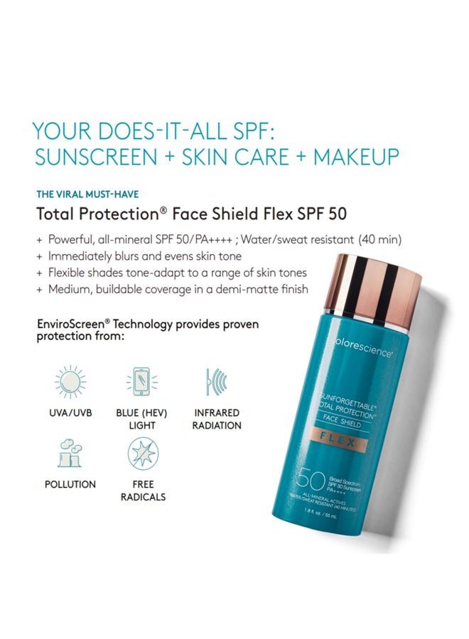 Colorescience 50 إلى 70 عامل حماية من الشمس (SPF) حماية كاملة للوجه، واقي مرن بعامل حماية من الشمس (SPF 50)، تركيبة أكسيد الزنك، أسمر ضارب للصفرة، 1.8 أونصة سائلة. أوقية. - Image 3