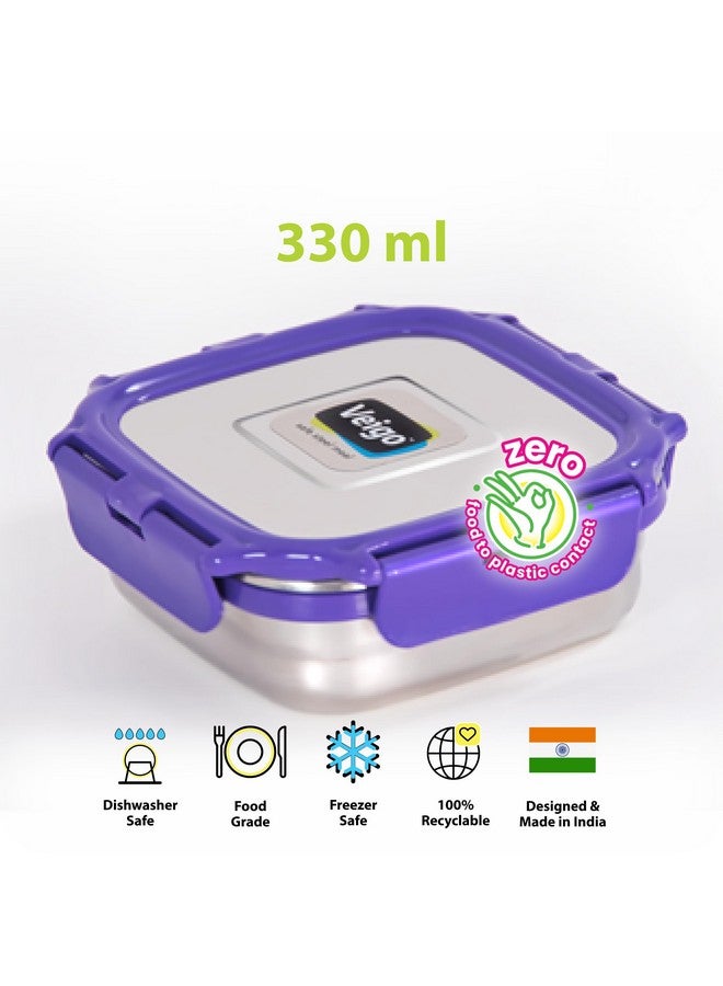 Veigo Veigo Original Stainless Steel Medium Snack Box (330 ml)| Airtight & Leakproof| Freezer & Dishwasher Safe| Snacks Box for School|Silicone Ring & Polymer Frame| Safe Lid Lock| Purple  - Image 2
