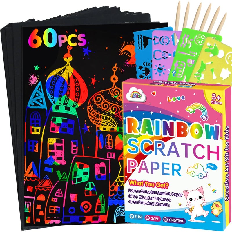ZMLM Scratch Art for Kids: 60Pcs Magic Drawing Art Craft Kid Black Scratch off Paper Supply Kit Toddler Preschool Learning Bulk Toy for Age 3 4 5 6 7 8 9 10 Girl Boy Holiday|Party Favor|Birthday Gift - Image 1