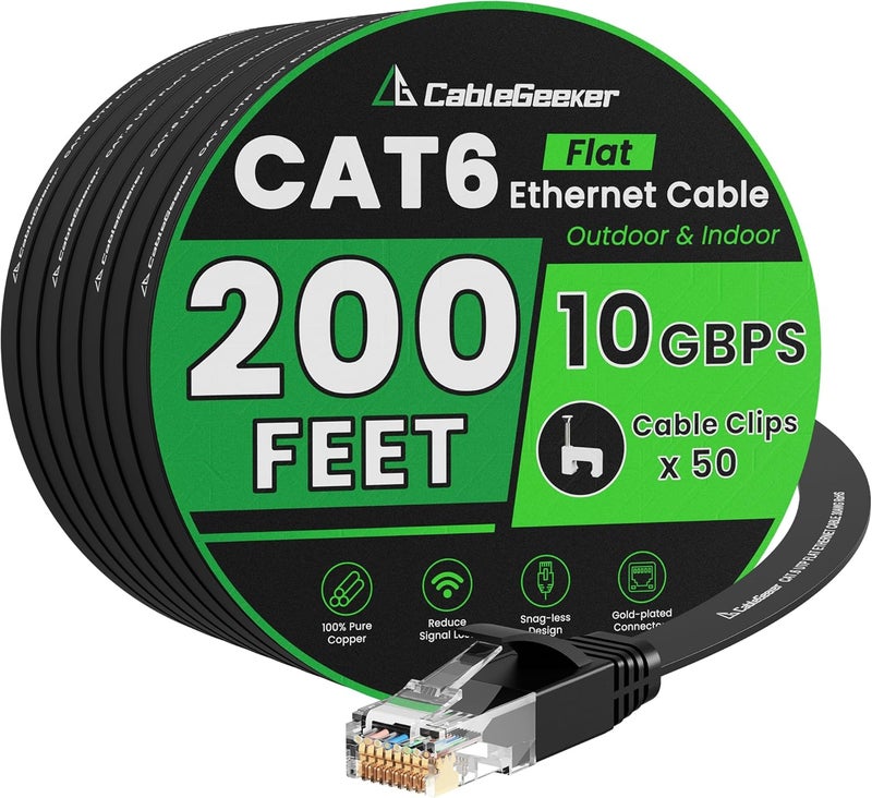 CableGeeker Cat 6 Ethernet Cable 200 ft, High Speed 10Gbps Flat Internet Network Cable, Pure Copper Ethernet Patch Cable Long, Computer LAN Cable with Clips & Straps for Router, Modem, PS4/5, Black - Image 1