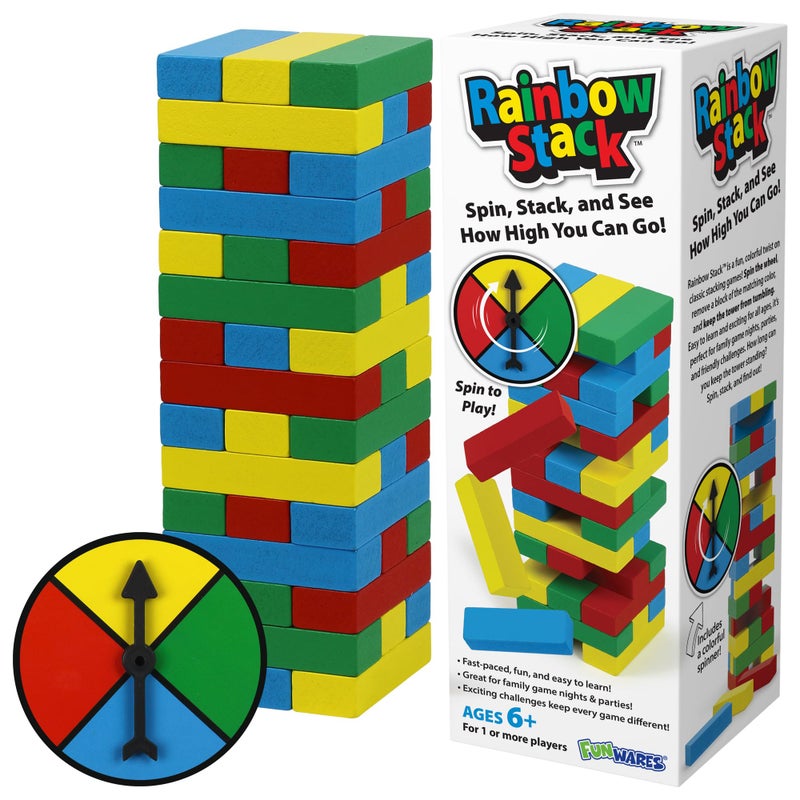Funwares Rainbow Stack Wooden Blocks Stacking Game Tumbling Tower Balance Game Family Party Fun Ages 6 Color SpinnerBased Twist on Classic Stacking Games - Image 3