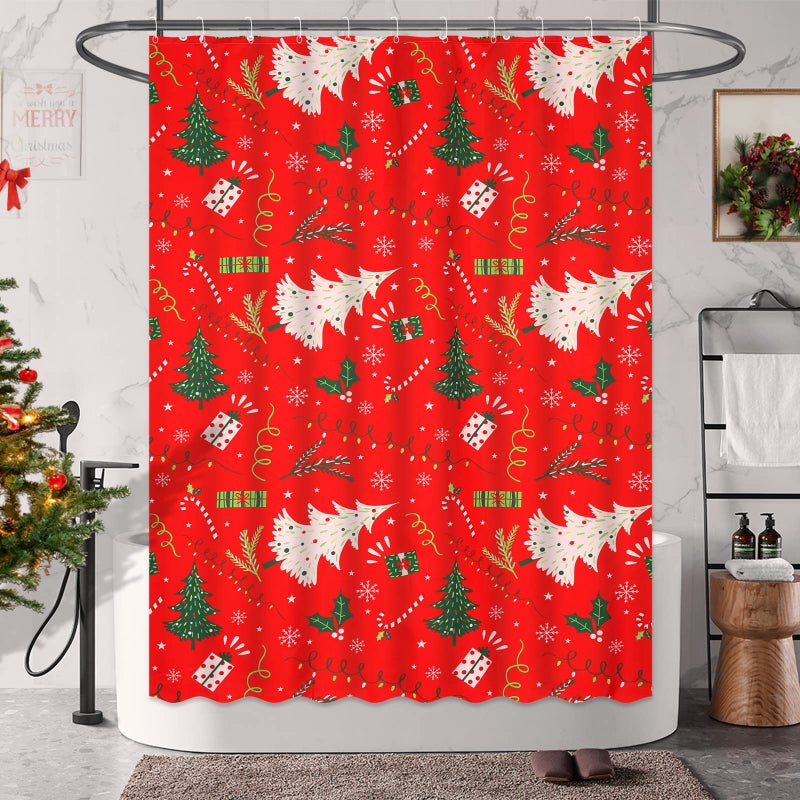 RLoncomix Vintage Christmas Shower Curtain Red Xmas Pine Tree Pattern Standard Bath Curtain Happy New Year Winter Fabric Waterproof Shower Curtain for Bathroom 72x72 Inches