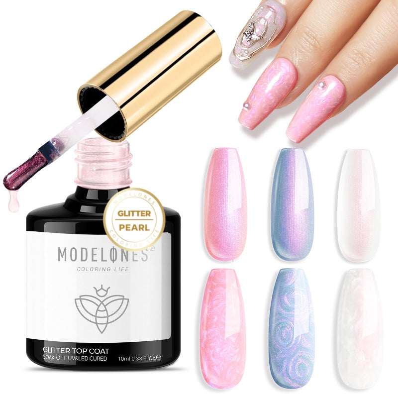 modelones Pearl Gel Nail Polish Top Coat, 2-in-one Clear Pearlescent Glitter Glossy Sparkle Finish Long Lasting Soak Off Mermaid Shimmer Manicure Nail Art Home Salon DIY - Image 1