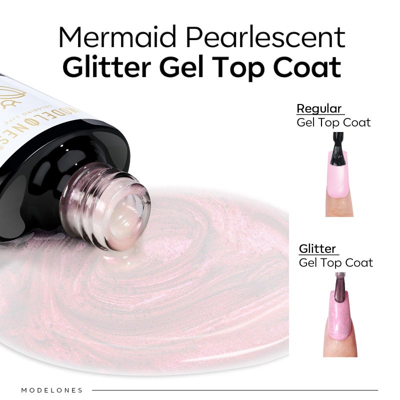 modelones Pearl Gel Nail Polish Top Coat, 2-in-one Clear Pearlescent Glitter Glossy Sparkle Finish Long Lasting Soak Off Mermaid Shimmer Manicure Nail Art Home Salon DIY - Image 2
