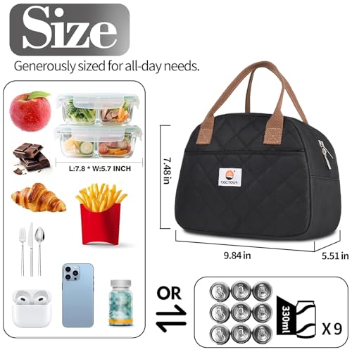 CaCTOUR Lunch Bag Women,Insulated Quilted Lunch Bag, Small Portable Cute Lunch Box,Cooler Bag Reusable Lunch Tote for Work/Travel/Picnic (Black) - Image 3
