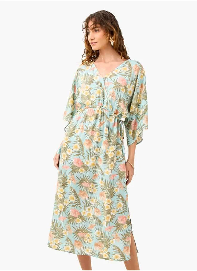 فاف Floral Print Dress with V-neck and Tie-Up Detail