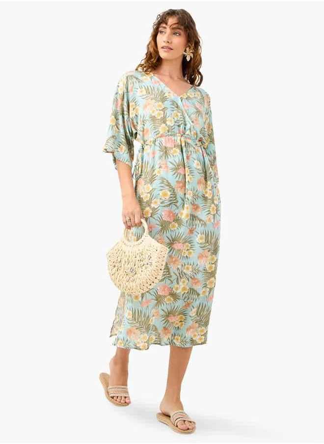 فاف Floral Print Dress with V-neck and Tie-Up Detail