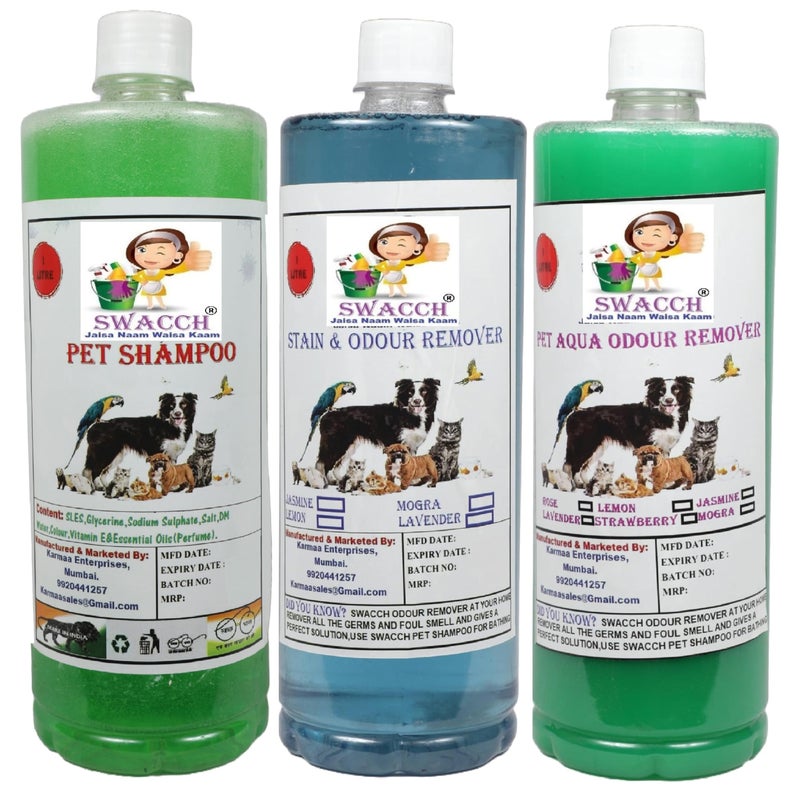 swacch Pet Shampoo (Neem Alovera) + Deodorizer (Jasmine) + Stain Remover (Lavender) 1 Litre Combo Pack of 3 - Image 1