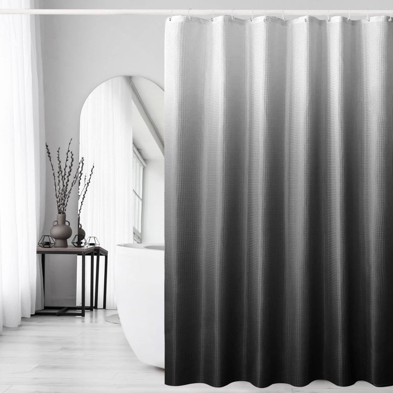Gibelle Long Shower Curtain 72 x 78  Tall Black Ombre Shower Curtain for Bathroom  Waffle Weave Fabric Shower Curtain Set with Hooks  Water Repellent  Machine Washable - Image 1