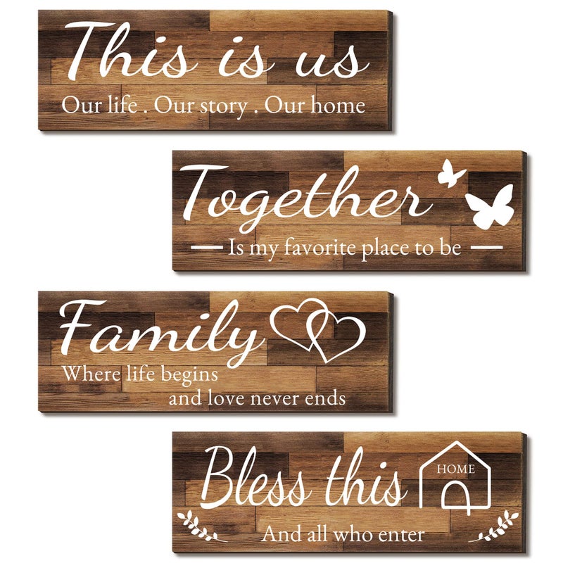 Joyhawk 4 Pieces Home Wall Signs  This Is Us/Together/Bless This Home/Family Wall Decor For Living Room Bedroom  Rustic Wooden Farmhouse Wall Art   4.7 X 13.8 Inch(Brown) - Image 1
