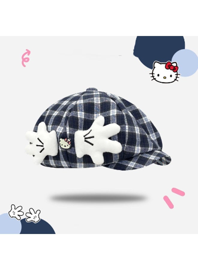 Hello Kitty Navy Blue and White Plaid Beret Cap with Hello Kitty and Plush Gloves Decorations  54-60cm