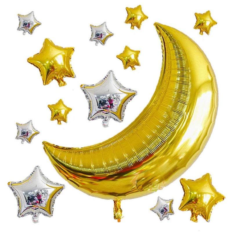 AnnoDeel 12 pcs Moon Star Mylar Balloons, 36inch Big Gold Moon Balloons and Silver Star Foil Balloon for Baby Shower Birthday Wedding Party Decorations - Image 1