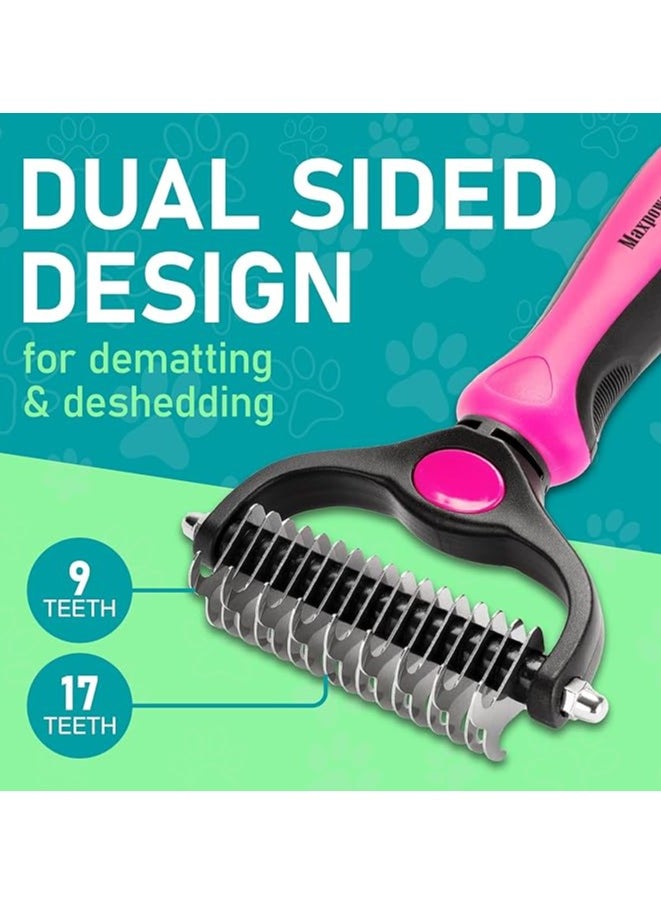 MahMir - Grooming Brush - Double Sided Shedding and Dematting Undercoat Rake, Dog Grooming Brush, Dog Shedding Brush, Cat Grooming Brush, Dog Comb, Cat Brush for Long Haired Cats ( Pink ) - Image 1