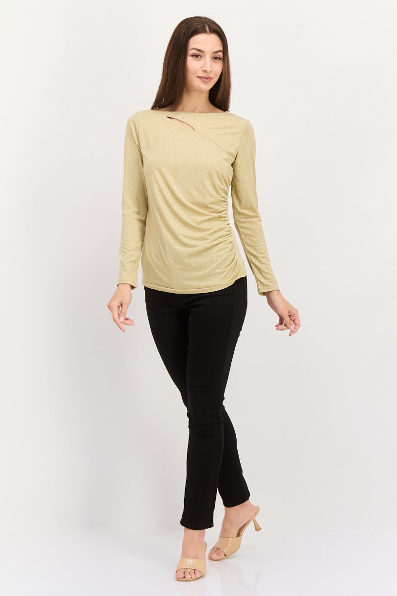 VINCE CAMUTO Women Round Neck Long Sleeve Textured Top, Gold - Image 4