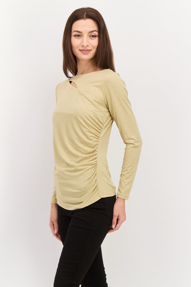 VINCE CAMUTO Women Round Neck Long Sleeve Textured Top, Gold - Image 2