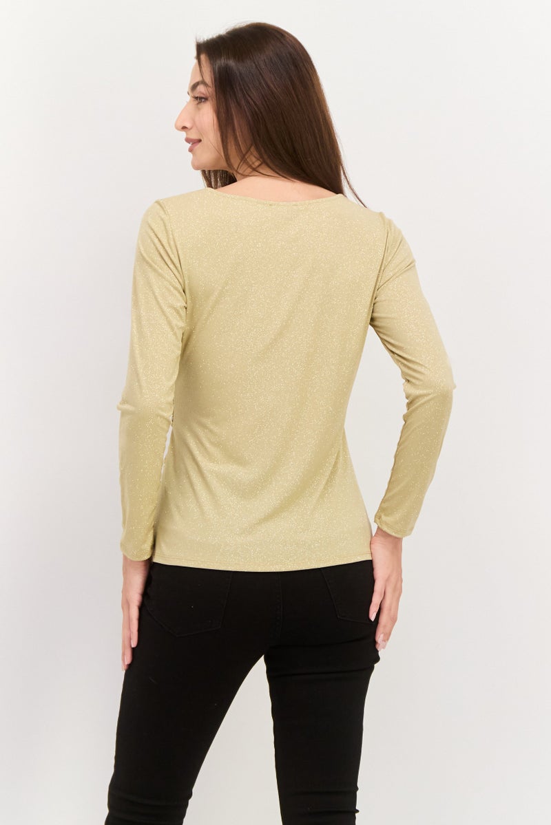 VINCE CAMUTO Women Round Neck Long Sleeve Textured Top, Gold - Image 3