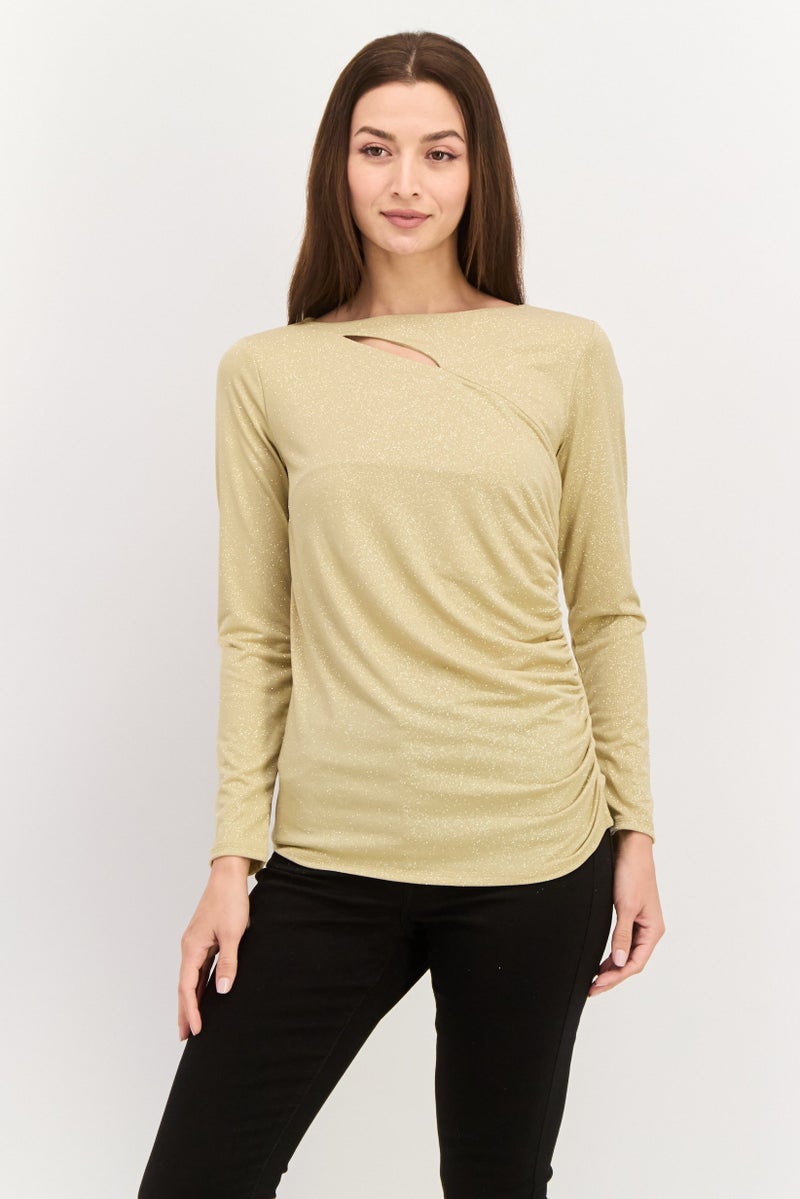 VINCE CAMUTO Women Round Neck Long Sleeve Textured Top, Gold - Image 1