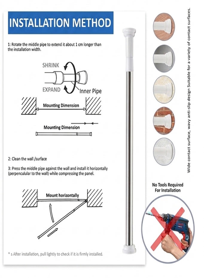 Extendable Stainless Steel Tension Rod 110–200cm, No Drilling Heavy Duty Telescopic Curtain Rod, Anti-Slip Pressure Rod for Shower Curtain, Closet Clothes Hanging, Wardrobe, Window, Bathroom & Balcony, Rust Resistant - Image 5