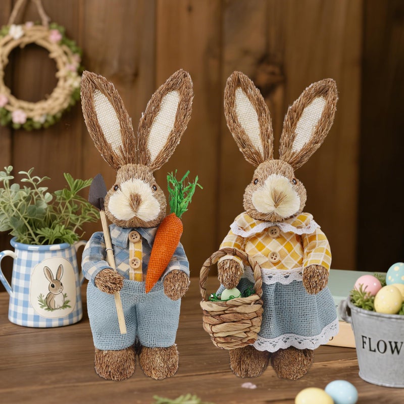 DR.DUDU Set of 2 Easter Decorations 13" Bunny Figurines Tabletop Spring Decor, Rustic Straw Bunny Couple with Carrot, Sisal Rabbit Statues Ornaments for Table Home Office Kitchen Farmhouse - Image 2