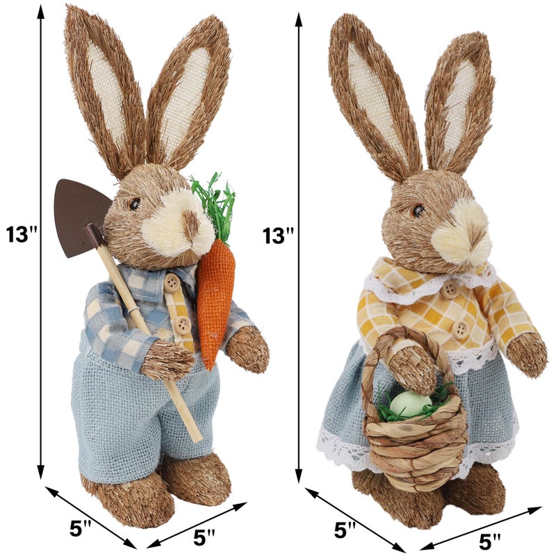 DR.DUDU Set of 2 Easter Decorations 13" Bunny Figurines Tabletop Spring Decor, Rustic Straw Bunny Couple with Carrot, Sisal Rabbit Statues Ornaments for Table Home Office Kitchen Farmhouse - Image 3
