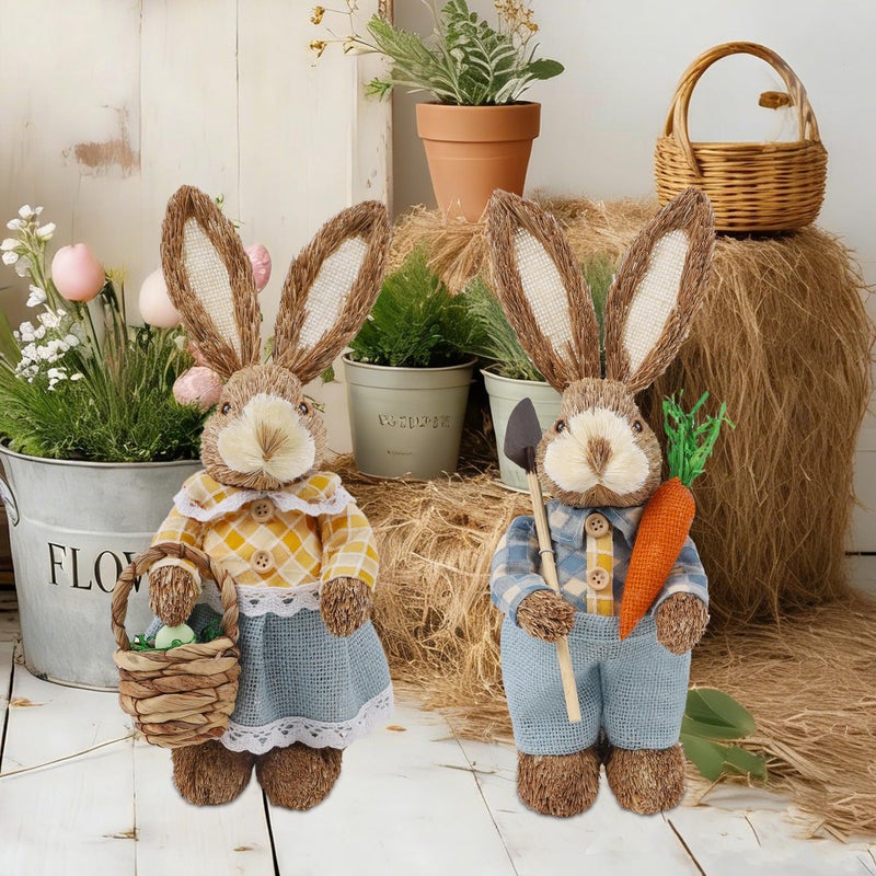 DR.DUDU Set of 2 Easter Decorations 13" Bunny Figurines Tabletop Spring Decor, Rustic Straw Bunny Couple with Carrot, Sisal Rabbit Statues Ornaments for Table Home Office Kitchen Farmhouse - Image 5