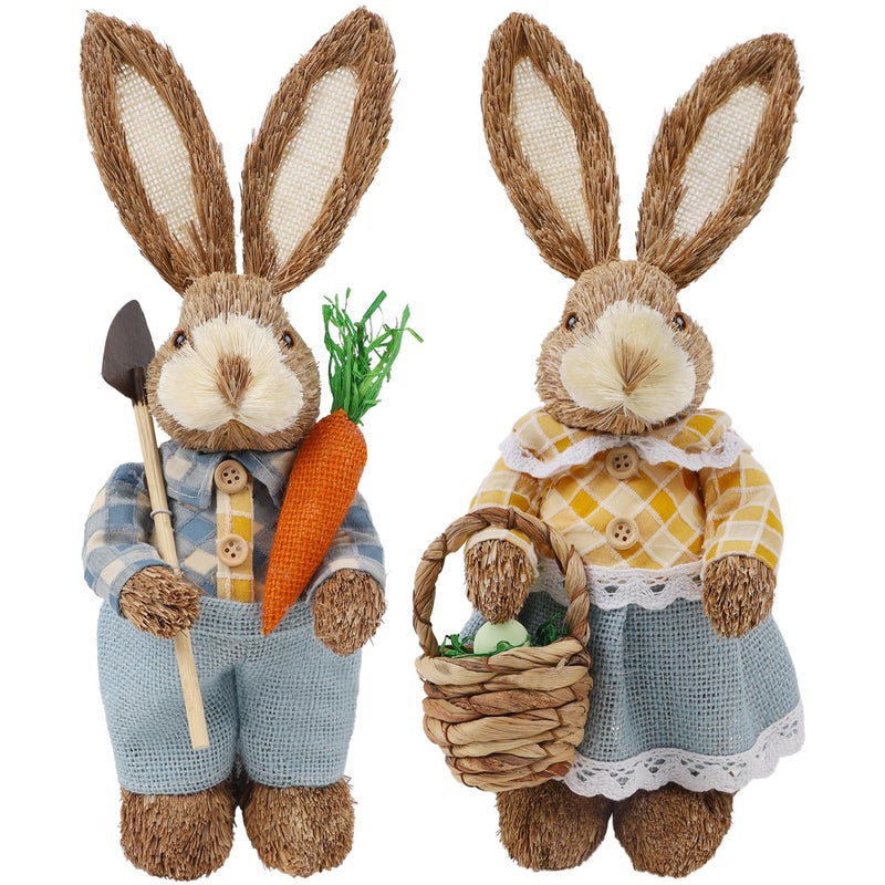 DR.DUDU Set of 2 Easter Decorations 13" Bunny Figurines Tabletop Spring Decor, Rustic Straw Bunny Couple with Carrot, Sisal Rabbit Statues Ornaments for Table Home Office Kitchen Farmhouse - Image 1