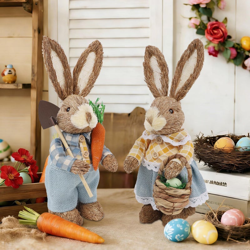 DR.DUDU Set of 2 Easter Decorations 13" Bunny Figurines Tabletop Spring Decor, Rustic Straw Bunny Couple with Carrot, Sisal Rabbit Statues Ornaments for Table Home Office Kitchen Farmhouse - Image 4