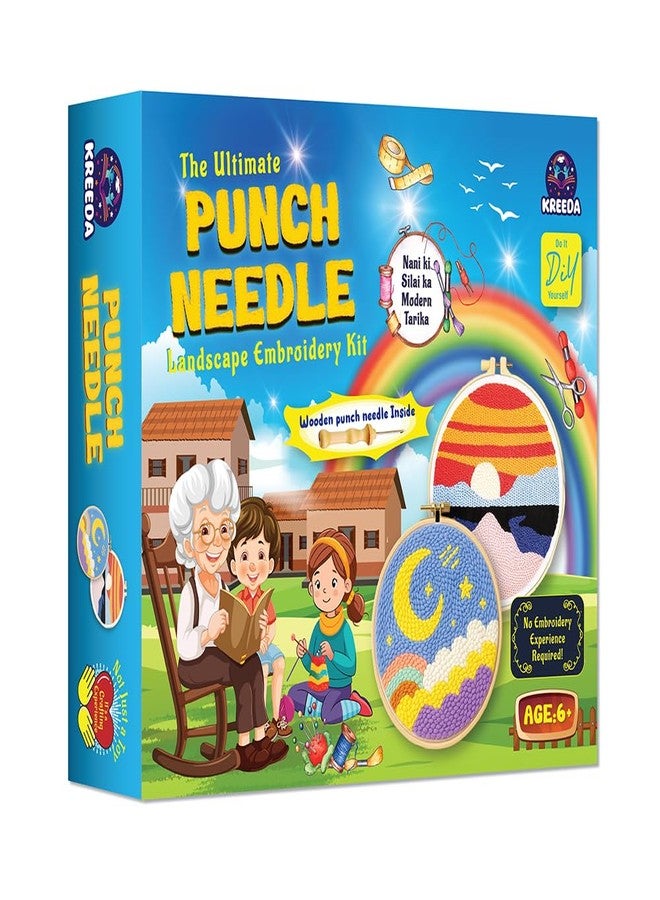 KREEDA Punch Needle Embroidery Kit, DIY Creative Activity, Landscape Embroidery DIY Set, With Wooden Hoop Monk Clothes and Woolen Yarns. Gifts for Girls & Boys Ages 6, 7, 8, 9, 10, 11, 12 (Punch Needle Landscape) - Image 1