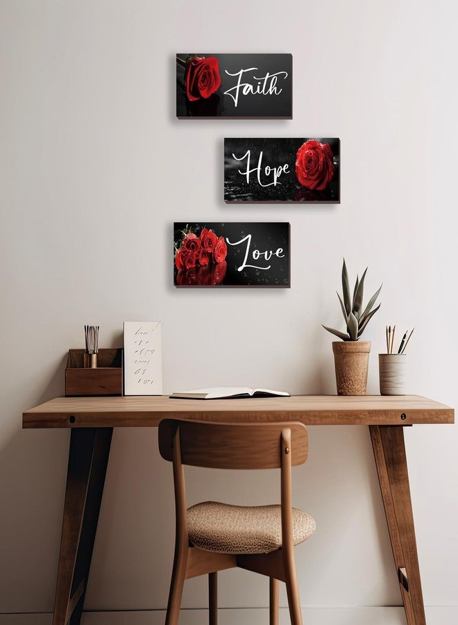DONFENTHY 3 PCS Red Rose Wall Decor with Hope Love Faith Positive Word Wooden Farmhouse Wall Art For Home Bedrooms Living Rooms Office Kitchen (10x4") - Image 2