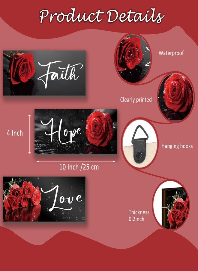 DONFENTHY 3 PCS Red Rose Wall Decor with Hope Love Faith Positive Word Wooden Farmhouse Wall Art For Home Bedrooms Living Rooms Office Kitchen (10x4") - Image 5