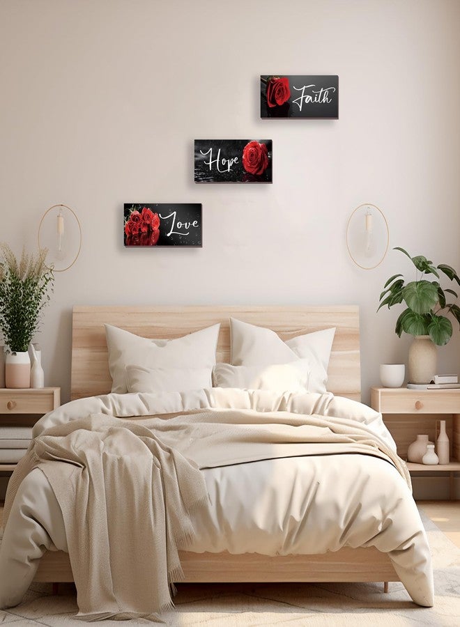 DONFENTHY 3 PCS Red Rose Wall Decor with Hope Love Faith Positive Word Wooden Farmhouse Wall Art For Home Bedrooms Living Rooms Office Kitchen (10x4") - Image 4
