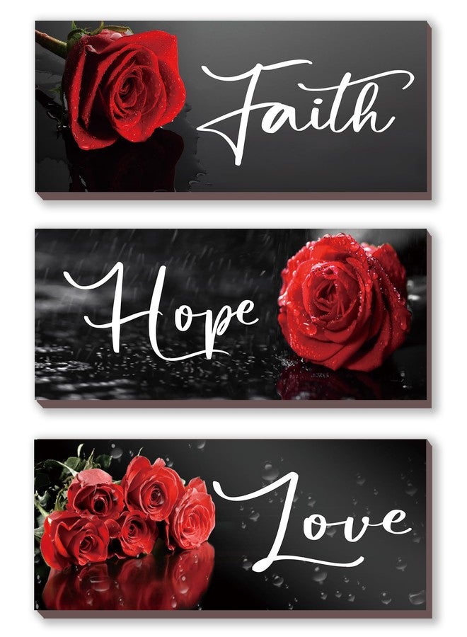 DONFENTHY 3 PCS Red Rose Wall Decor with Hope Love Faith Positive Word Wooden Farmhouse Wall Art For Home Bedrooms Living Rooms Office Kitchen (10x4") - Image 1
