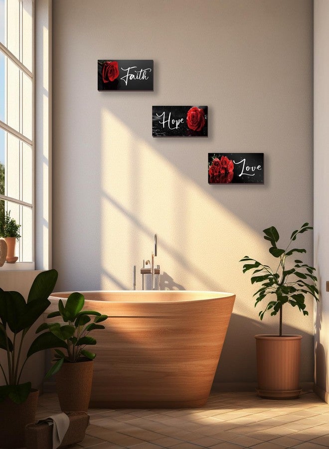 DONFENTHY 3 PCS Red Rose Wall Decor with Hope Love Faith Positive Word Wooden Farmhouse Wall Art For Home Bedrooms Living Rooms Office Kitchen (10x4") - Image 3