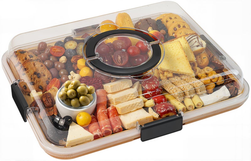 Renmxj Charcuterie Board with Clear Lid, Travel Portable Cheese Board Charcuterie Boxes Cutting Boards for Kitchen, House Warming Gifts New Home, Gifts for Women (6 Compartments Black) - Image 1