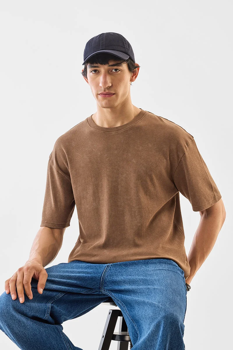 سنيتش Brown Solid Half Sleeve Oversized Core Lab T-Shirt