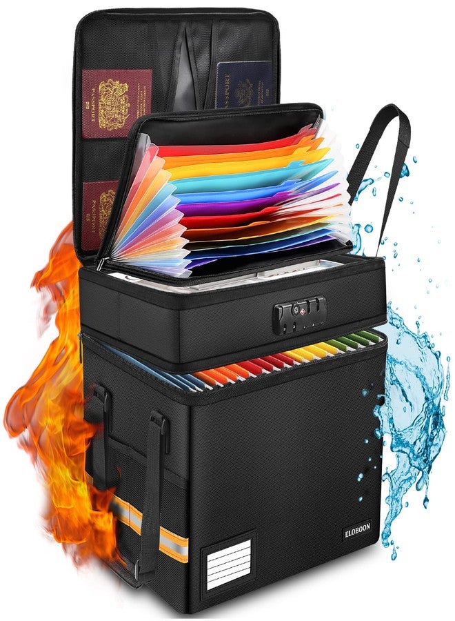ELOBOON Fireproof Document Box with 13 Pockets Accordian File Organizer, Water-Resistant File Organizer Box with Lock, Collapsible File Storage Cabinet for Hanging Letter/Legal Folder, Black - Image 1