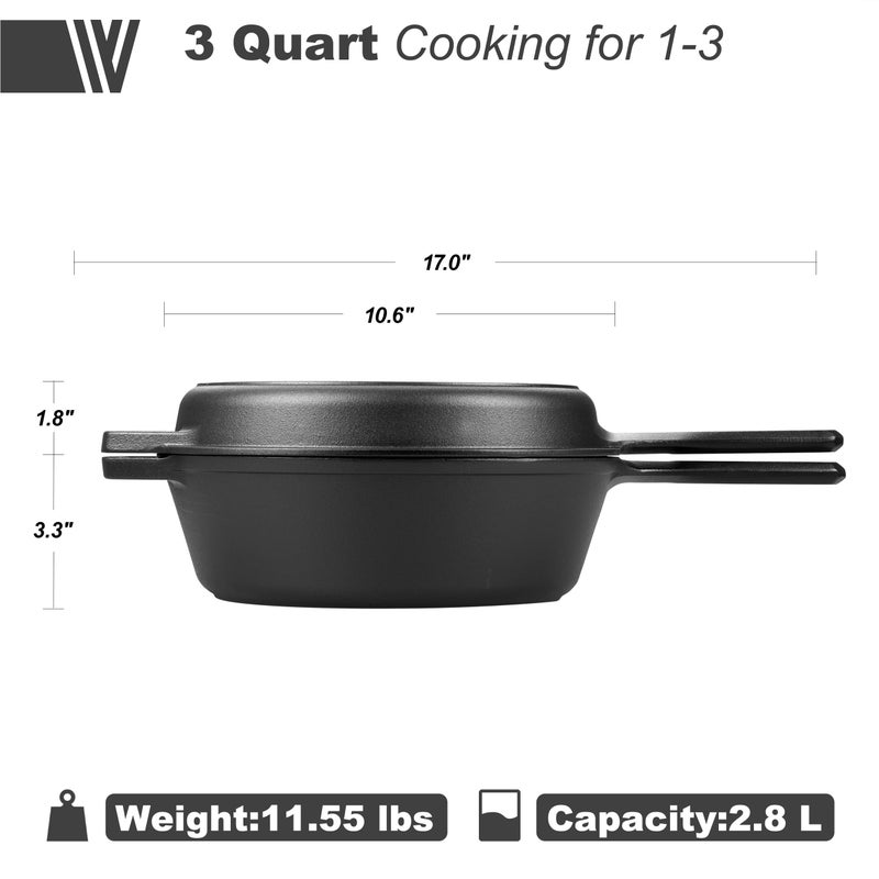 VORRINGARD Pre-seasoned Cast Iron Double Dutch Oven Pot with Skillet Lid, for Bread Baking, Outdoor, Campfire Cooking, 3 Quart - Image 3